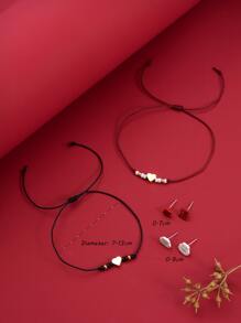 2 piezas Pulsera con adorno de corazón & 2 pares Pendientes de tachuela con diseño de conejo - Multicolor - Ver 3