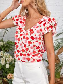 SHEIN VCAY Floral Print Ruffle Trim Blouse - Multicolor - View 3