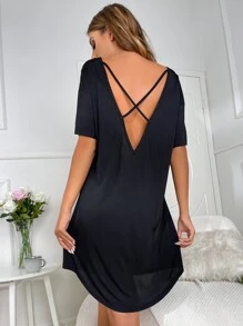 Crisscross Backless Solid Lounge Dress - Black - View 1