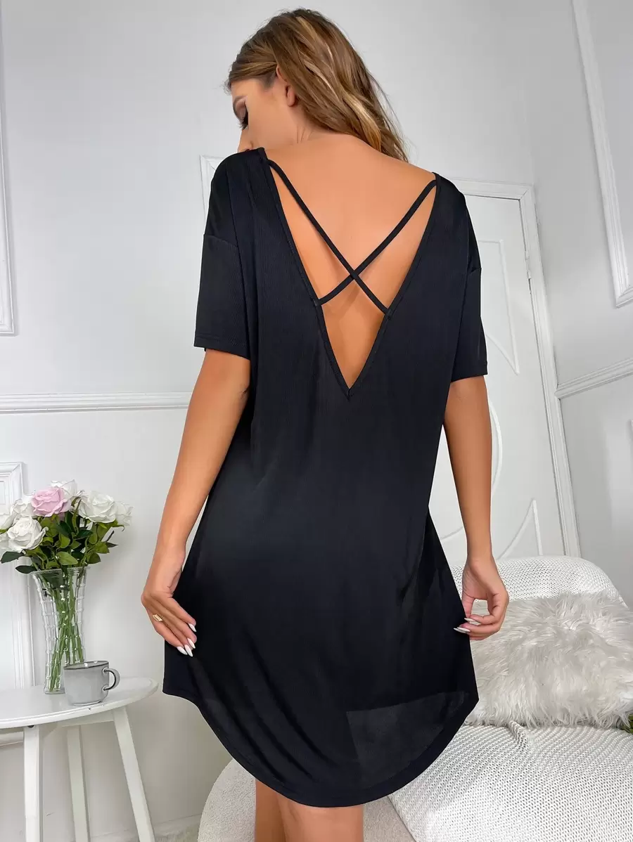 Crisscross Backless Solid Lounge Dress - Black - View 1