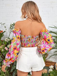 SHEIN VCAY 印花一字肩燈籠袖上衣 - 彩色 - 查看 2