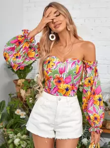 SHEIN VCAY 印花一字肩燈籠袖上衣 - 彩色 - 查看 1