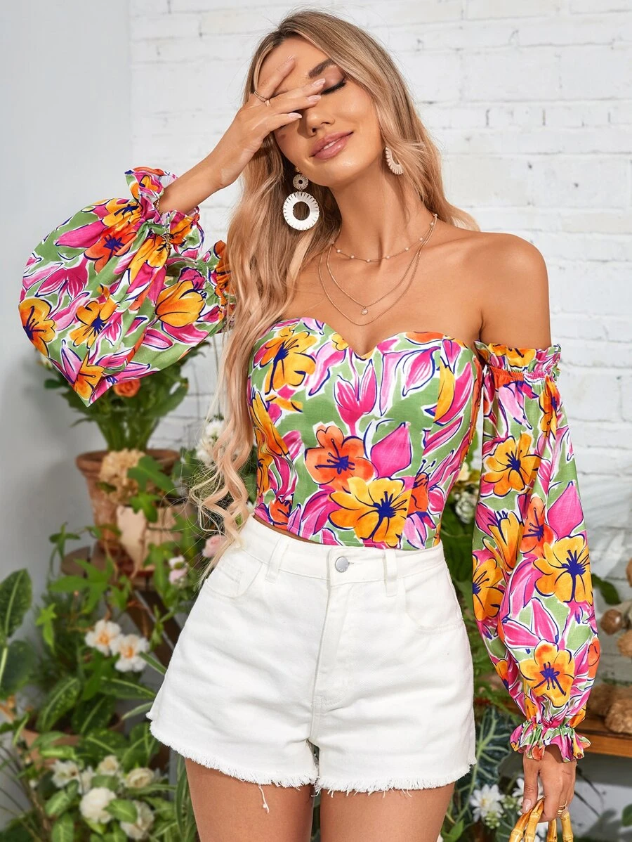 SHEIN VCAY 印花一字肩燈籠袖上衣 - 彩色 - 查看 1