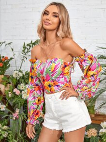 SHEIN VCAY 印花一字肩燈籠袖上衣 - 彩色 - 查看 4