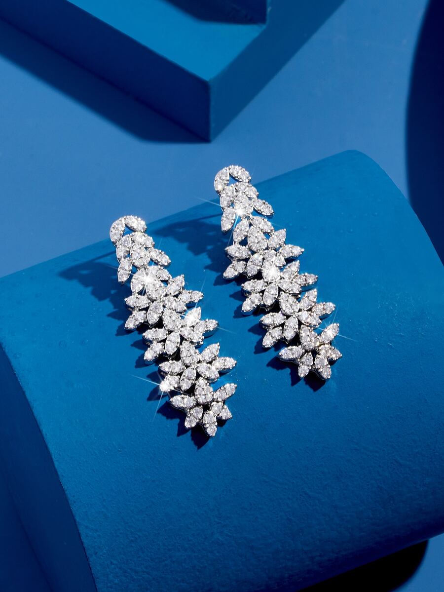 DV JEWELRY 1 Cặp bông tai mặt dây chuyền Cubic Zirconia mạ vàng trắng sang trọng dành cho nữ, Quà tặng trang sức thanh lịch cho đám cưới, kỷ niệm, tiệc tùng kèm hộp quà