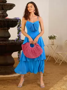 SHEIN VCAY Big Bow Front Two Layer Hem Cami Dress - Blue - View 1