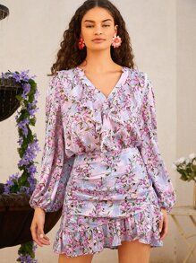 SHEIN VCAY 荷葉邊燈籠袖荷葉邊印花上衣 - 彩色 - 查看 1