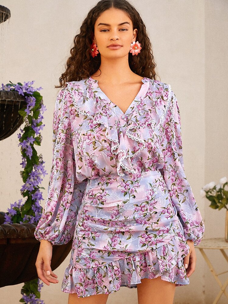 SHEIN VCAY Ruffle Trim Lantern Sleeve Ruffle Hem Floral Print Top - Multicolor - View 1