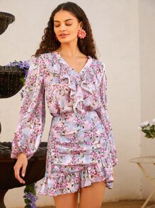 SHEIN VCAY 荷葉邊燈籠袖荷葉邊印花上衣 - 彩色 - 查看 4