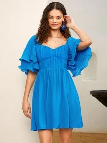 SHEIN VCAY 1pc Sweetheart Neck Flounce Sleeve Ruched Bust Dress - Blue - View 3