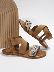 女士蛇皮壓花交叉帶露跟優雅戶外踝帶舒適涼鞋 - 彩色 - 查看 4