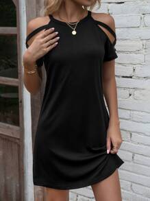 SHEIN LUNE Cold Shoulder Criss Cross Tee Dress - Black - View 4