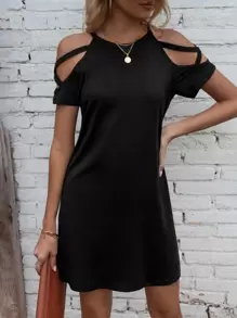 SHEIN LUNE Cold Shoulder Criss Cross Tee Dress - Black - View 5