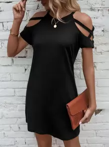 SHEIN LUNE Cold Shoulder Criss Cross Tee Dress - Black - View 6