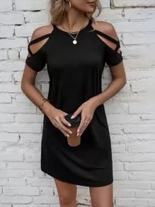 SHEIN LUNE Cold Shoulder Criss Cross Tee Dress - Black - View 7