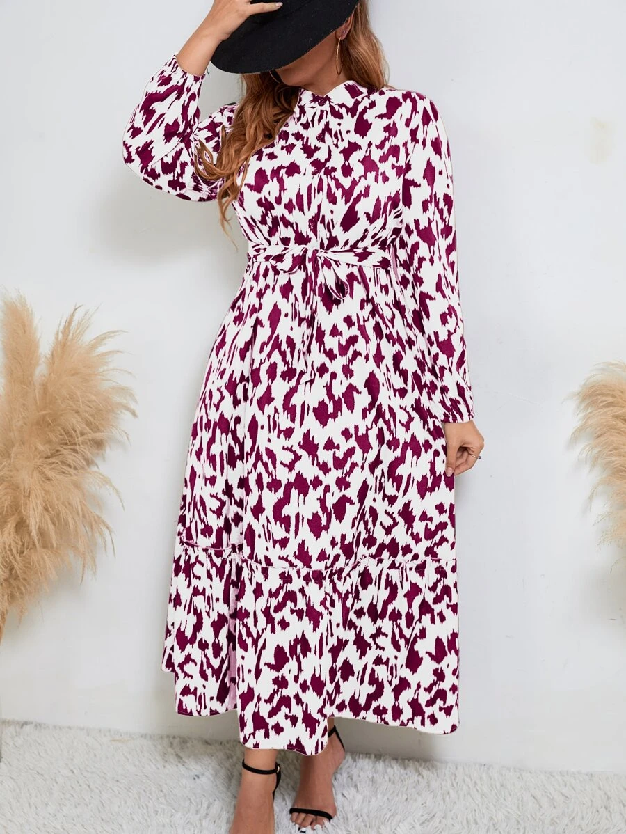 Modelyn 大碼滿版印花燈籠袖荷葉邊繫腰帶連衣裙