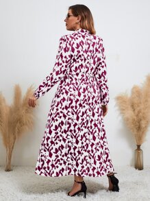 Modelyn 大碼滿版印花燈籠袖荷葉邊繫腰帶連衣裙