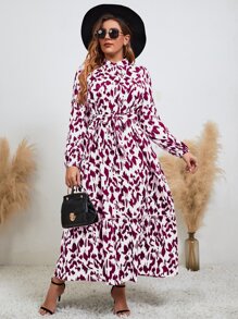 Modelyn 大碼滿版印花燈籠袖荷葉邊繫腰帶連衣裙