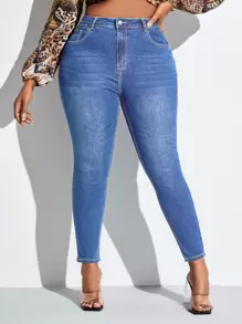 SHEIN SXY Plus High Waist Skinny Jeans - Medium Wash - View 1