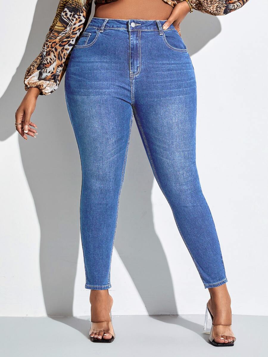 SHEIN SXY Plus High Waist Skinny Jeans - Medium Wash - View 1