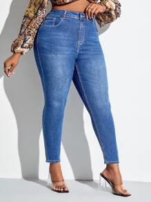 SHEIN SXY Plus High Waist Skinny Jeans - Medium Wash - View 4