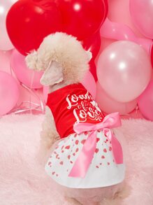1 pieza Vestido para mascota, vestido con estampado de corazón y lazo en la cintura, vestido de malla, adecuado para perros pequeños/medianos, gatos, disfraz de día de San Valentín, regalo de día de San Valentín - Rojo - Ver 7