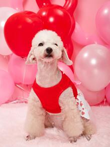 1 pieza Vestido para mascota, vestido con estampado de corazón y lazo en la cintura, vestido de malla, adecuado para perros pequeños/medianos, gatos, disfraz de día de San Valentín, regalo de día de San Valentín - Rojo - Ver 8