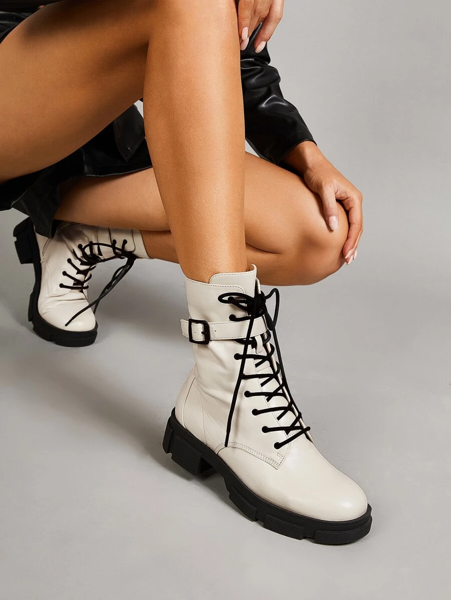 evoluSHEIN Buckle Decor Lace-up Front Combat Boots - Apricot - View 1