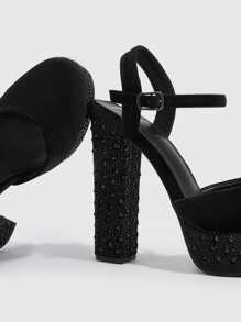 CUCCOO SZL Rhinestone Decor Platform Chunky Heeled Corduroy Ankle Strap Pumps - Black - View 7