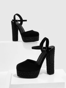 CUCCOO SZL Rhinestone Decor Platform Chunky Heeled Corduroy Ankle Strap Pumps - Black - View 4