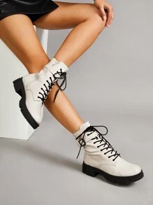 evoluSHEIN Buckle Decor Lace-up Front Combat Boots - Apricot - View 3