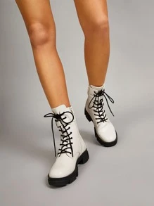 evoluSHEIN Buckle Decor Lace-up Front Combat Boots - Apricot - View 4