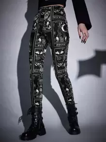 ROMWE Goth Letter & Skull Print Leggings - Black and White - View 1