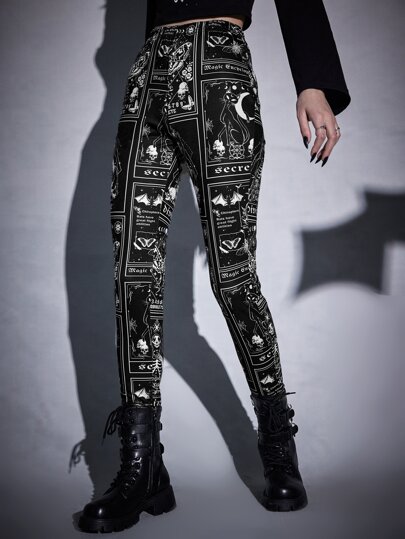 Goth Letter & Skull Print Leggings