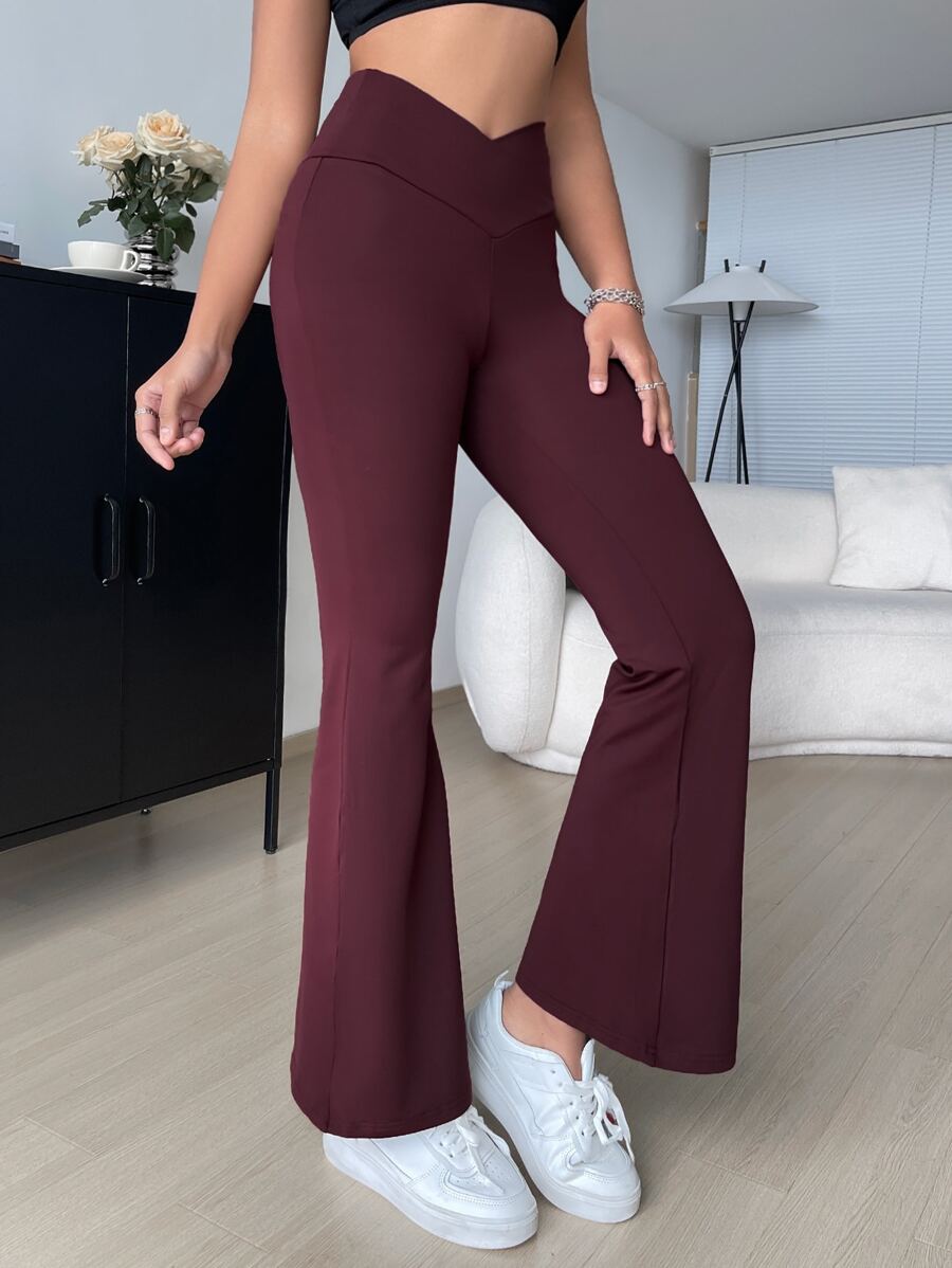 SHEIN EZwear Pantalones con cintura solapada y pierna acampanada - Granate - Ver 1