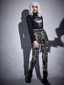ROMWE Goth Letter & Skull Print Leggings - Black and White - View 2