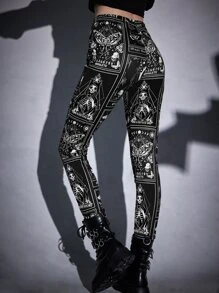 ROMWE Goth Letter & Skull Print Leggings - Black and White - View 3