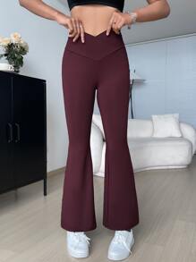 SHEIN EZwear Pantalones con cintura solapada y pierna acampanada - Granate - Ver 3