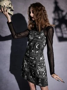 ROMWE Goth Solid Mesh Top & Letter Skull Print Cami Dress - Black and White - View 3