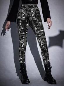 ROMWE Goth Letter & Skull Print Leggings - Black and White - View 4