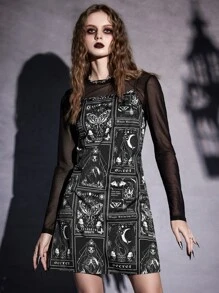 ROMWE Goth Solid Mesh Top & Letter Skull Print Cami Dress - Black and White - View 4