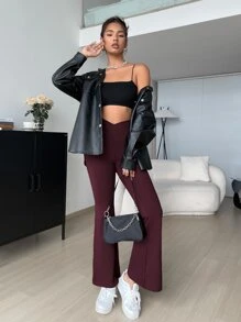 SHEIN EZwear Pantalones con cintura solapada y pierna acampanada - Granate - Ver 5