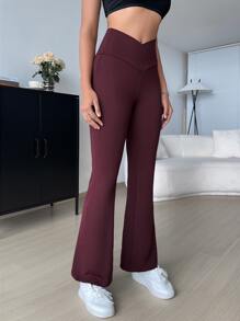 SHEIN EZwear Pantalones con cintura solapada y pierna acampanada - Granate - Ver 6