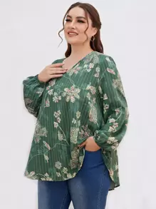 Mulvari Plus Floral Print Lantern Sleeve Blouse - Green - View 1