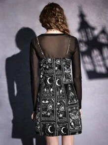 ROMWE Goth Solid Mesh Top & Letter Skull Print Cami Dress - Black and White - View 5