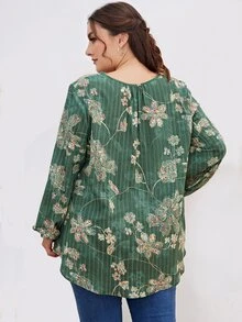 Mulvari Plus Floral Print Lantern Sleeve Blouse - Green - View 2