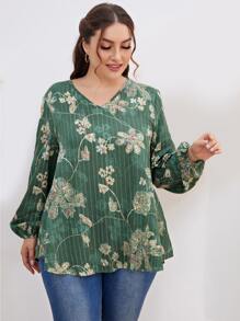 Mulvari Plus Floral Print Lantern Sleeve Blouse - Green - View 3