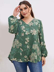 Mulvari Plus Floral Print Lantern Sleeve Blouse - Green - View 5