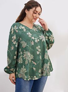 Mulvari Plus Floral Print Lantern Sleeve Blouse - Green - View 6