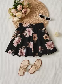 SHEIN 女孩印花喇叭半身裙 - 黑色 - 查看 1